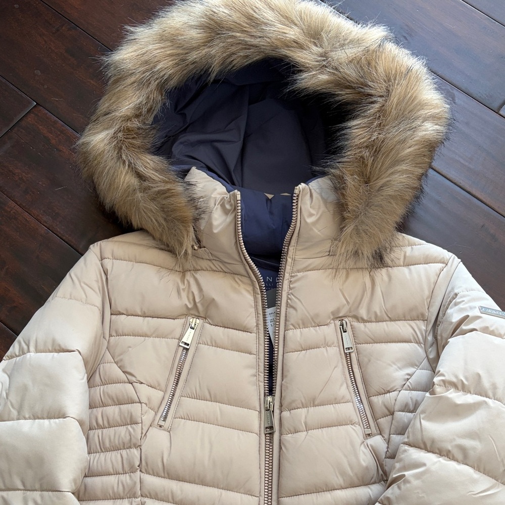 Laundry By Shelli Segal Beige Puffer Jacket with Faux Fur Hood